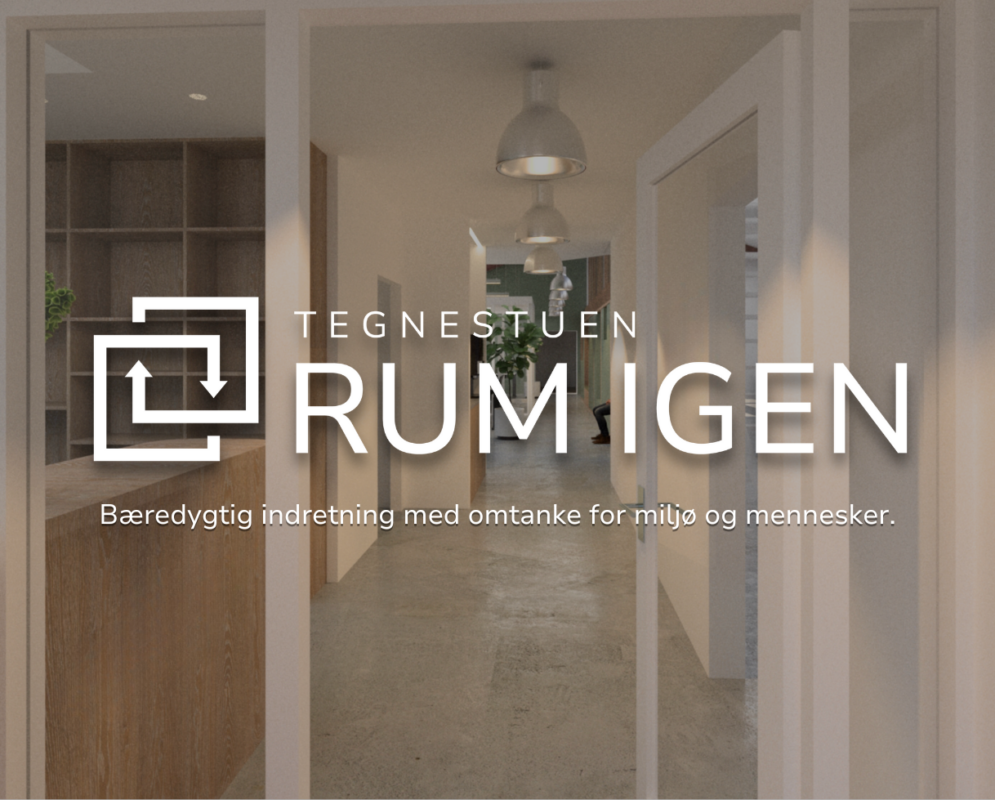 Rum Igen logo med teksten 'bæredygtig indretning med omtanke for miljø og mennesker' over et billede af en kontorindgang designet af Rum Igen